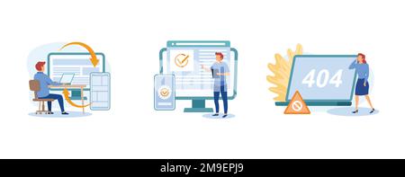 Sviluppo Web. Interfaccia microsito, compatibilità tra browser, errore 404, programmazione, pagina aziendale, pagina non trovata. impostare piatto vettore moderna illust Illustrazione Vettoriale