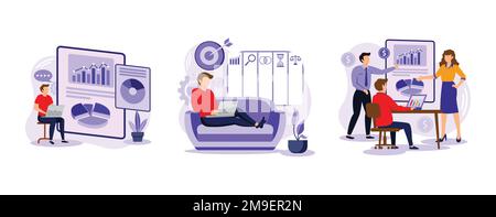 Gestione aziendale aziendale. Sistema di informazione di affari, OBIETTIVI INTELLIGENTI, meetup di vendita, forum di Internet di affari. impostare piatto vettore moderno illus Illustrazione Vettoriale