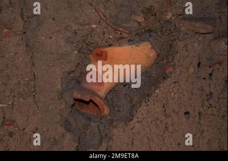 Dal suolo scavato emerge un'antica anfora in terracotta frantumata o vasetto di stoccaggio sul sito archeologico del porto greco e romano del Mar Tirreno di Velia, Marina Ascea, Campania, nella regione del Cilento nel sud Italia. Foto Stock