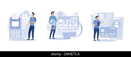Software per la vendita al dettaglio. Cloud POS, chargeback, card-on-file, vendita e archiviazione dei dati delle transazioni, pagamento, conto bancario, trasferimento di denaro. impostare la moder vettoriale piatta Illustrazione Vettoriale