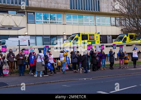 Poole, Dorset, Regno Unito. 18th gennaio 2023. Infermieri sulla linea del picket durante il giorno di sciopero al di fuori dell'ospedale di Poole in Dorset. Royal College of Nursing membri presso University Hospitals Dorset NHS Foundation Trust aderire. l'azione di sciopero per la paga giusta oggi e domani. Credit: Carolyn Jenkins/Alamy Live News Foto Stock