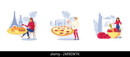 Cucina europea classica. Cucina francese e italiana, dieta mediterranea, ristorante raffinato, ricetta per spaghetti, dieta sana. impostare la modalità vettore piatto Illustrazione Vettoriale