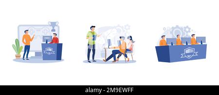 Videogiochi. ESports coaching, allenamento dei giocatori, squadra di cybersport, club di computer, arena di battaglia, torneo di e-games. imposta disegno vettoriale piatto moderno Illustrazione Vettoriale