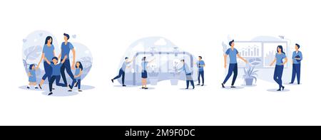 madre padre figlia figlio tenendo le mani e abbracciando, il brainstorming, gli impiegati stanno studiando l'infografica, vettore piatto dell'insieme l'illustrazione moderna Illustrazione Vettoriale