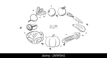 Cibo contenente gomma. Gruppi di prodotti sani contenenti vitamine e minerali. Set di frutta, verdura, carne, pesce e latticini Illustrazione Vettoriale