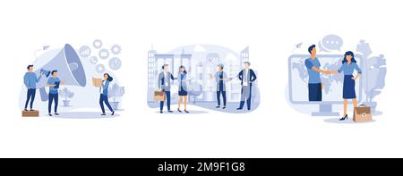 promozione di affari, concetto di affari di bene immobile con le case, conclusione in linea della transazione, illustrazione moderna del vettore piatto dell'insieme Illustrazione Vettoriale