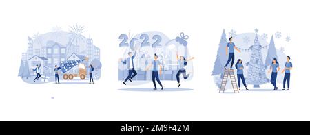 le piccole persone si stanno preparando per il nuovo anno, felice vacanza di nuovo anno, decorazione festosa dell'atmosfera e fuochi d'artificio, impostare piatto vettore moderna illust Illustrazione Vettoriale