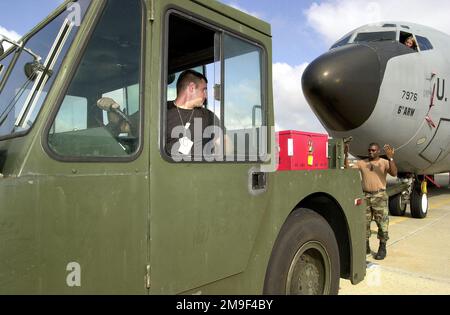 Vista frontale lato sinistro ripresa ravvicinata media con Airman NICK Demarco, FLYING Crew CHIEF, 6th Aircraft Generation Squadron, MacDill Air Force base, Florida, che sostiene un veicolo di traino a un US Air Force KC-135 Stratotanker. Viene guidato indietro dallo SPECIALISTA idraulico, SRA Nate Roberson come Jet Mechanic; SRA Jennifer Jeffus predisprime i freni dell'aeromobile per il traino dal sedile del pilota, nell'abitacolo dell'aeromobile. Base: MacDill Air Force base Stato: Florida (FL) Paese: Stati Uniti d'America (USA) Foto Stock