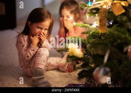 Due sorelle insieme vicino all'albero di Natale a casa di sera. Foto Stock