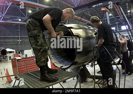 US Air Force AIRMAN First Class Curtiss Gladden (a sinistra) e IL SERGENTE Angel Bradshaw del 31st Maintenance Squadron, 31 Fighter Wing, Aviano Air base, Italia, sostituiscono lo sportello esterno su un motore F110-GE-100 alla Aviano Air base, ITA, il 3rd agosto 2000. Base: Aviano Air base Stato: Pordenone Nazione: Italia (ITA) Foto Stock