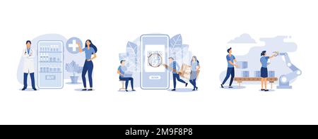 l'assicurazione sulla vita umana, la tecnologia moderna, una linea di produzione con i lavoratori, imposta l'illustrazione moderna del vettore piatto Illustrazione Vettoriale