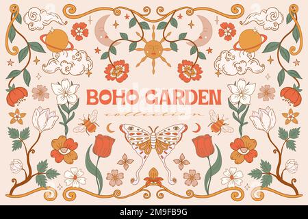 70s set di hippie grovy. Confezione di adesivi in stile psichedelico retrò alla moda. Illustrazione del vettore isolato Illustrazione Vettoriale