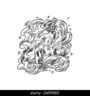 Segno zodiacale dell'Acquario. Simbolo astrologico della magia moderna. Illustrazione dell'oroscopo. Boho design per carta da stregoneria. Disegno a mano inciso vecchio monocromatico Illustrazione Vettoriale