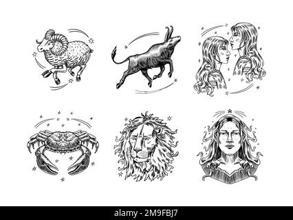 Segni di costellazione zodiacale. Simboli astrologici. Illustrazioni di oroscopo. Personaggi magici femminili, design Boho. Disegno a mano inciso vecchio monocromatico Illustrazione Vettoriale