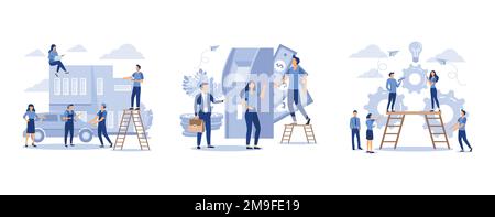 Costruzione e acquisto di alloggi, coda al bancomat, piccole persone sono il lancio di un meccanismo per raggiungere le idee, impostare vettore piatto moderna illustrazione Illustrazione Vettoriale