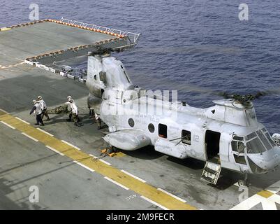 Un elicottero USMC CH-46 (cavaliere di mare), consegna un (simulato) Wired Marine al ponte di volo della USS Essex (LHD 2). Marines Practice Special Operations Capable Exercises (SOCEX) al largo delle coste di Okinawa, Giappone, Sasebo, Giappone, Pohang, Corea, e Hong Kong, Cina. Base: USS Essex (LHD 2) Stato: Okinawa Paese: Giappone (JPN) Foto Stock