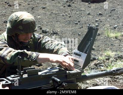 US Marine Corps Lance Corporal Eldridge da 1st battaglione, 3rd Marines, Weapons Company, ricarica un MK-19 mentre si allenano presso la Pohakuloa Training Area sulla Big Island delle Hawaii. Base: Pohakulua Training Area Stato: Hawaii (HI) Paese: Stati Uniti d'America (USA) Foto Stock