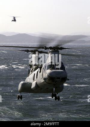 Una vista frontale ravvicinata di un elicottero US Marine CH-46E (Sea Knight) da Marine Medium Helicopter Squadron 262 (HMM-262), effettua un atterraggio sul ponte di volo della USS Essex (LHD 2) durante l'esercizio DEL NEMICO EAGLE 2000 al largo della costa di Pohang, Corea. I Marines degli Stati Uniti della 31st Marine Expeditionary Unit (MEU) hanno trascorso due mesi partecipando a varie operazioni di formazione sulle e al largo delle coste del Giappone, della Corea e di Hong Kong, Cina. Subject Operation/Series: FOAL EAGLE 2000 base: Pohang Paese: Repubblica di Corea (KOR) Foto Stock