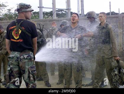 US Marine Corps Sergeant (SGT), Gil Machuca, un istruttore al Jungle Warfare Training Center, (JWTC) Camp Courtney, Okinawa, Giappone, spruzza giù i Marines della 3D Marine Division Communication Company, dopo aver completato il corso di resistenza. Il JWTC è un'area di allenamento in cui Marines si esibisce in abilità di navigazione terrestre, tattiche di pattugliamento, ricognizione con la forza e abilità di sopravvivenza nella giungla. Subject Operation/Series: FOAL EAGLE 2000 base: Camp Courtney Stato: Okinawa Paese: Giappone (JPN) Foto Stock