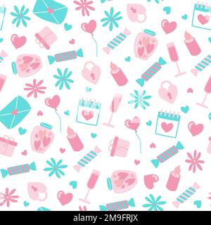 Motivo senza cuciture per San Valentino. Immagini vettoriali su sfondo bianco di cuori, buste, caramelle Illustrazione Vettoriale