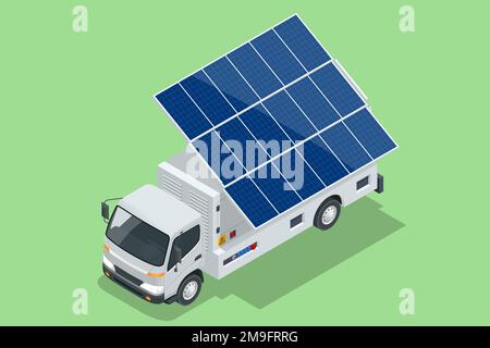 Generatore elettrico multifunzionale isometrico. Pannelli solari, pannelli eolici e un generatore diesel all-in-one. Illustrazione Vettoriale