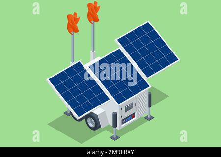 Generatore elettrico multifunzionale isometrico. Pannelli solari, pannelli eolici e un generatore diesel all-in-one. Illustrazione Vettoriale