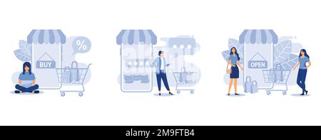 Shopping online, stelle, personaggi isometrici delle donne con borse per la spesa e carrelli isolati su bianco, set piatto vettore moderna illustrazione Illustrazione Vettoriale