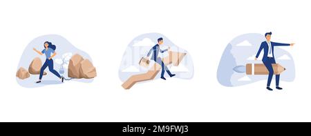 una donna d'affari forte porta una pietra grande, uomo d'affari godendo di grafica crescente, uomo designer vola astride matita e cerca idee creative, set fl Illustrazione Vettoriale