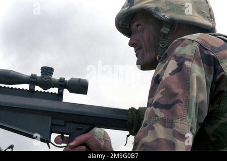 US Marine Corps (USMC) Corporal (CPL) Joe Rattlif mans un 12,7mm .50 in Barrett Light Fifty modello 82A1 fucile da cecchino, mentre si allenano a Camp Pendleton, California (CA), durante l'esercizio DEL KERNEL BLITZ 2001. Soggetto operativo/Serie: KERNEL BLITZ 2001 base: Marine Corps base Camp Pendleton Stato: California (CA) Paese: Stati Uniti d'America (USA) Foto Stock