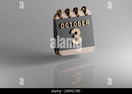 Calendario da tavolo in piedi nero e dorato mese con data di ottobre 3.. Design moderno con elementi dorati, illustrazione in 3D. Ceramica bianca Foto Stock
