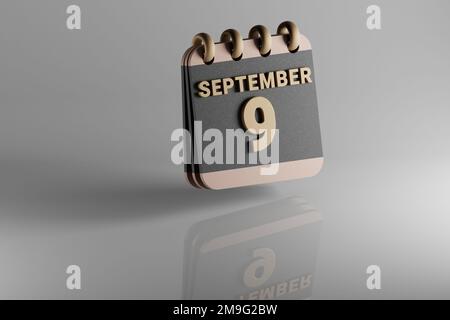 Calendario da tavolo in piedi nero e dorato mese con data settembre 9.. Design moderno con elementi dorati, illustrazione in 3D. ceram bianco Foto Stock