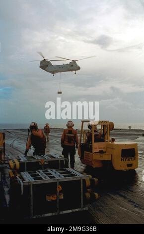 US Navy (USN) membri dell'equipaggio di Ordnance dalla G-1 Division usano un elevatore a forca per spostare bombe di uso generale di Mk-82 500-libbra, come un USN CH-46 Sea Knight Helicopter consegna l'ordnance, durante un'evoluzione di rifornimento verticale (VERTREP) sul ponte di volo a bordo del portaerei USS KITTY HAWK (CV 63). (Immagine substandard). Base: USS Kitty Hawk (CV 63) Foto Stock