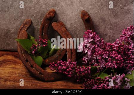 Tre ferri di cavallo arrugginiti e fiori di lilla viola su un tavolo di legno. Foto orizzontale floreale. Foto Stock