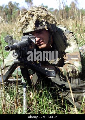 Wright con 3rd battaglione 3rd Marine Regiment, India Company da Kaneohe Bay, Hawii, si trova in giù con la sua M240G 7,62 mm Medium Machine Gun durante un corso di assalto mobile tenuto nella Shoalwater Bay Military Training Area durante l'esercizio TANDEM SPINTA 2001. TANDEM THRUST è un esercizio di addestramento militare combinato degli Stati Uniti e dell'Australia. Questo esercizio biennale si svolge nelle vicinanze dell'area di addestramento di Shoalwater Bay, Queensland, Australia. Oltre 27.000 soldati, marinai, Airmen e Marines partecipano, con unità canadesi che partecipano come opposi Foto Stock