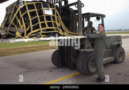 CHRIS Ringland, addetto alla guida del 37th Airlift Squadron, Ramstein Air base, Germania, dirige IL SERGENTE dell'esercito statunitense Freddie Ivey, 22nd Airlift Support Group, Vicenza, Italia, mentre carica un pallet su un aeromobile C-130 Hercules a sostegno dell'esercizio di addestramento multinazionale VENETO SACK 2001, Nel nord-est Italia e Slovenia. Veneto Rescue è un esercizio che aiuta a formare unità militari per condurre l'evacuazione sicura di civili non combattenti e di altri evacuati designati da un paese o una regione che ha il potenziale di ostilità o pericolo. Questo Foto Stock