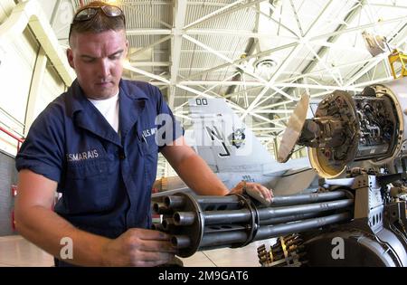 AIRMAN Jeremy Desmarais con Strike Fighter Weapons Deck, Fallon Naval Station, Nevada, pulisce la pistola da combattimento M61A1 durante il 56th° giorno ispezioni speciali sui F/A-18 Hornets a sostegno del SALVATAGGIO NEL DESERTO IX Desert Rescue IX è la prima attività di ricerca e salvataggio (SAR) che coinvolge il personale della Marina, dell'esercito, dell'aeronautica e della Marina. Si svolge presso la base aeronavale Fallon, Nevada. Soggetto operativo/Serie: SOCCORSO NEL DESERTO IX base: Base aerea navale, Fallon Stato: Nevada (NV) Paese: Stati Uniti d'America (USA) Foto Stock