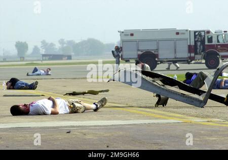 In preparazione allo scenario peggiore, il personale del Gruppo medico 51st risponde alla chiamata in occasione di UN ESERCIZIO MARE (MAJOR INCIDENT RESPONSE EXERCISE) prima dell'Air Power Day e dell'arrivo dell'Air Force Thunderbirds alla base aerea di Osan, Repubblica di Corea. Le esercitazioni MARE sono tenute trimestralmente e tengono il personale di base pronto a rispondere a emergenze quali incidenti aerei, incidenti con munizioni e fuoriuscite di carburante. Questo particolare esercizio coincide con il prossimo Air Show, a cui potrebbero partecipare 50.000 persone. Oggetto operazione/Serie: ESERCIZIO DI RISPOSTA AGLI INCIDENTI RILEVANTI (MARE) base: Osan Air base Paese: Repubblica di K. Foto Stock