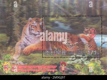 2010 foglio di francobolli lenticolari 3D nordcoreani raffiguranti le tigri coreane in una foresta, che celebra l'anno della tigre. Foto Stock