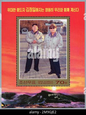 2011 timbro della Corea del Nord. Kim Jong un come nuovo leader. Kim Jong il e Kim Jong un. Foto Stock