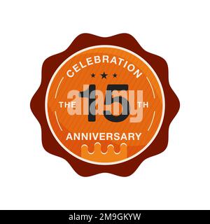 Modello del logo per l'anniversario di 15 anni. Distintivo da matrimonio in stile moderno e piatto. Etichetta anniversario di compleanno. Disegno vettoriale di scorta Illustrazione Vettoriale