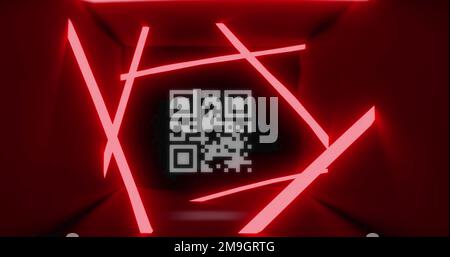 Immagine dello sfarfallio dello scanner di codici qr e delle strisce rosse al neon sullo sfondo rosso Foto Stock