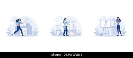 Concetto di casa, interni scandinavi moderni e accoglienti. Auto isolamento, quarantena a causa di coronavirus, impostare piatto vettore moderna illustrazione Illustrazione Vettoriale