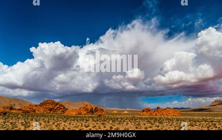 Paesaggio con deserto sotto cielo blu e nuvole, Valley of Fire state Park, Nevada, USA Foto Stock