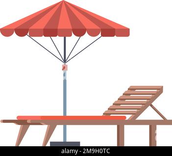 Chaise longue e ombrellone che danno ombra, mobili isolati per giardino esterno o spiaggia. Panca in legno per prendere il sole e abbronzarsi nel resort. Outdo Illustrazione Vettoriale