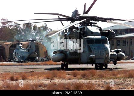 Un elicottero Marine CH-53 Sea Stallion siede da coda a coda con un elicottero Marine CH-46, entrambi appartengono a Marine Medium Squadron 365 (rinforzato). Sono schierati in avanti al quartier generale dell'elemento di comando dell'aria all'aeroporto internazionale di Khandahar, Khandahar, Afghanistan durante L'OPERAZIONE CHE SOPPORTA LA LIBERTÀ. Soggetto operativo/Serie: ENDURING FREEDOM base: Aeroporto internazionale di Kandahar Paese: Afghanistan (AFG) scena comando maggiore mostrato: 26th MEU (SOC) Foto Stock