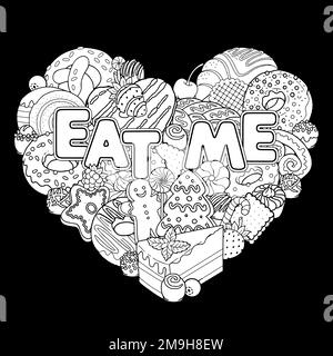 Pagina vettoriale del libro per adulti di dolci, caramelle, dolci, dessert, prodotti da forno. Illustrazione del contorno in bianco e nero a forma di cuore o Illustrazione Vettoriale