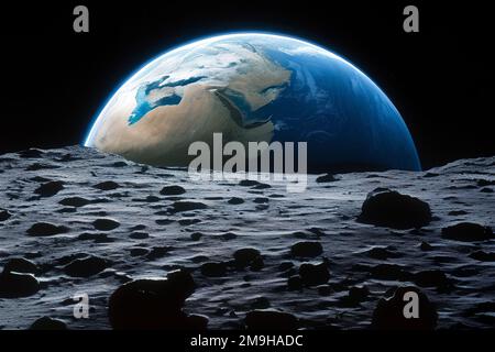 illustrazione, fotografia. Vista della terra blu dalla superficie lunare Foto Stock
