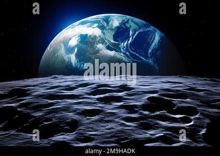 illustrazione, fotografia. Vista della terra blu dalla superficie lunare Foto Stock