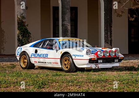 Vista laterale di Ferrari 308GTB GR 4 auto da rally parcheggiata su prato Foto Stock