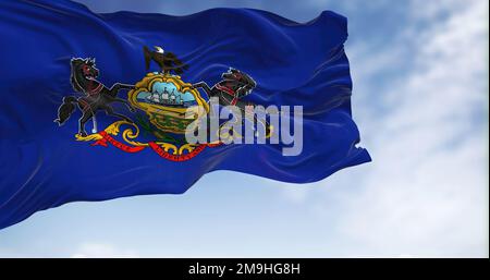 La bandiera dello stato della Pennsylvania sventola nel vento in una giornata limpida. Bandiera blu con stemma della Pennsylvania al centro. Tessuto ondulato. Illlust 3D realistico Foto Stock
